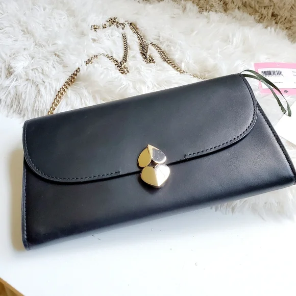 Kate Spade Black Leather Lula Gold Chain Clutch - Picture 2 of 10